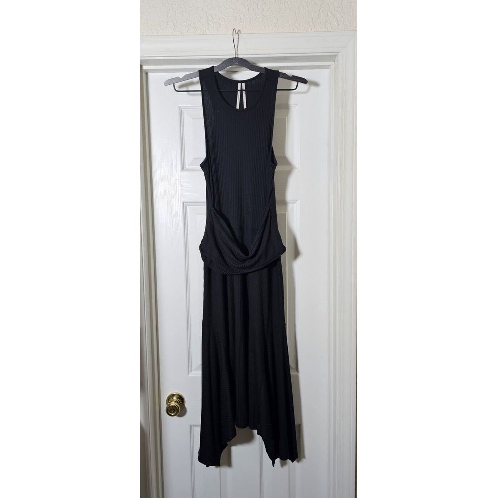Anthropologie Sleeveless Tank Black Ribbed Dress Midi Tiered Hem Size Medium